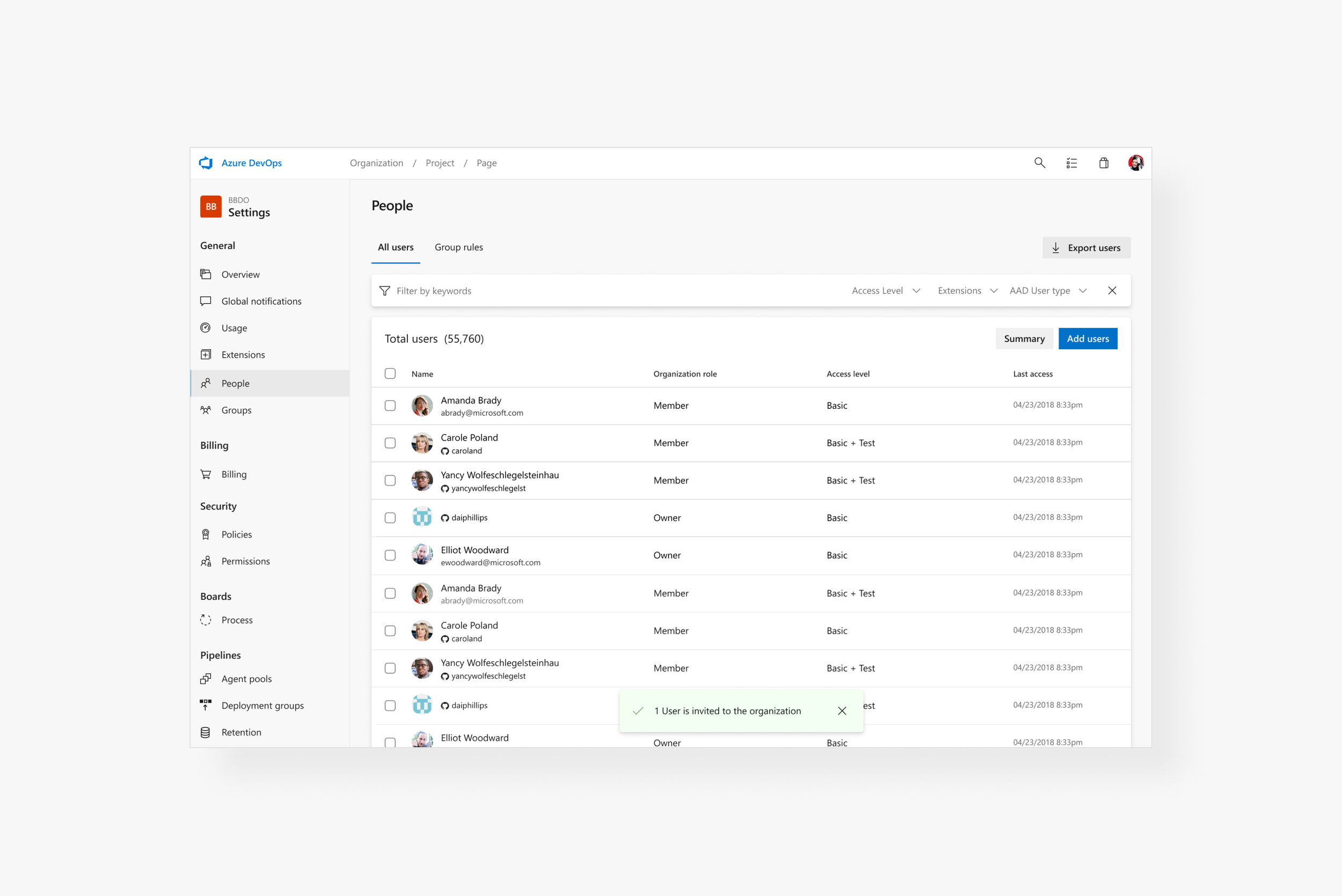 Invite user flow — access choices