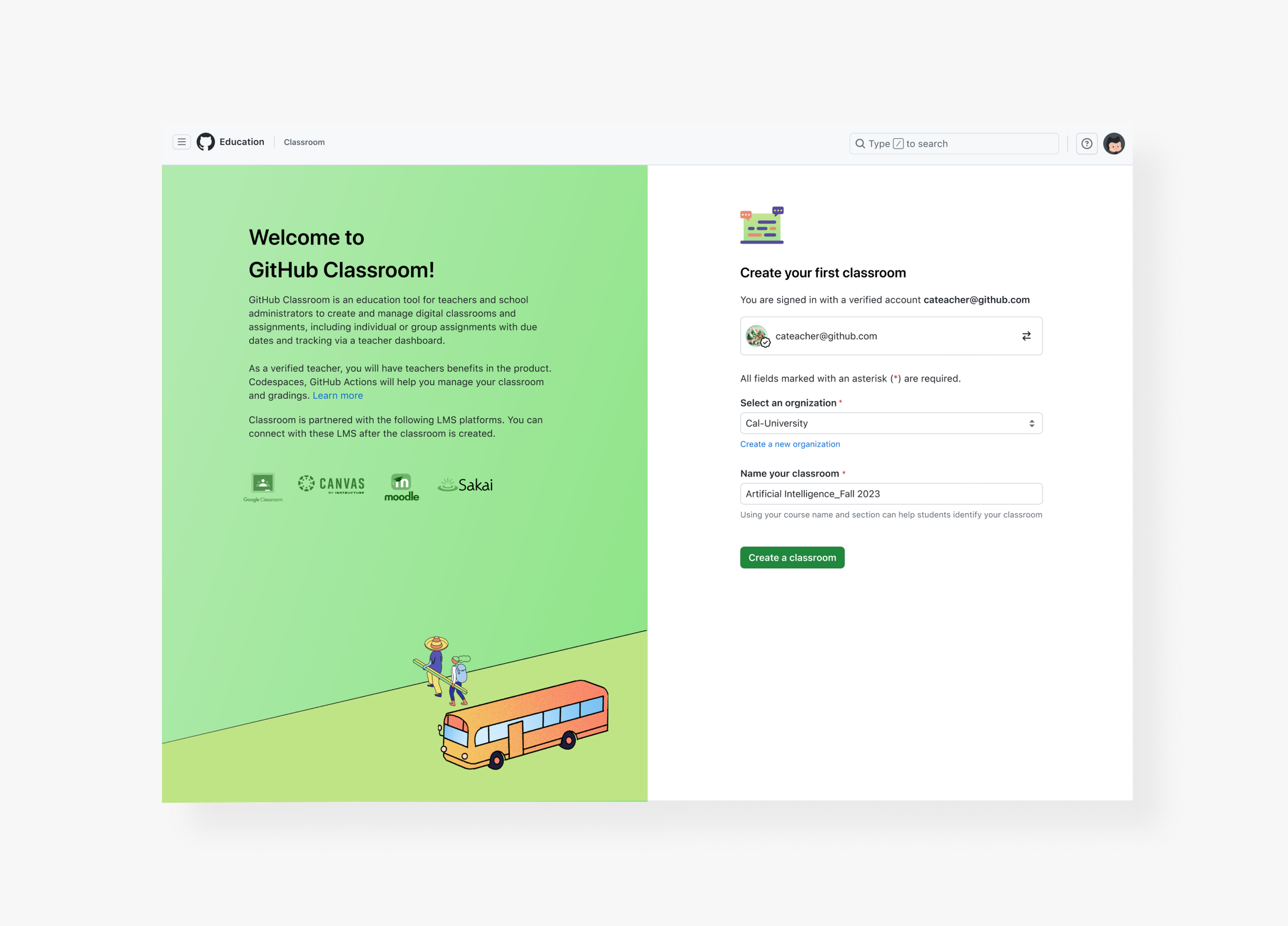 Classroom creation — introduction and completed setup