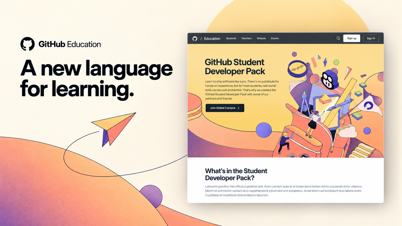 GitHub Education marketing composition: one Student Developer Pack webpage with a geometric paper-plane illustration