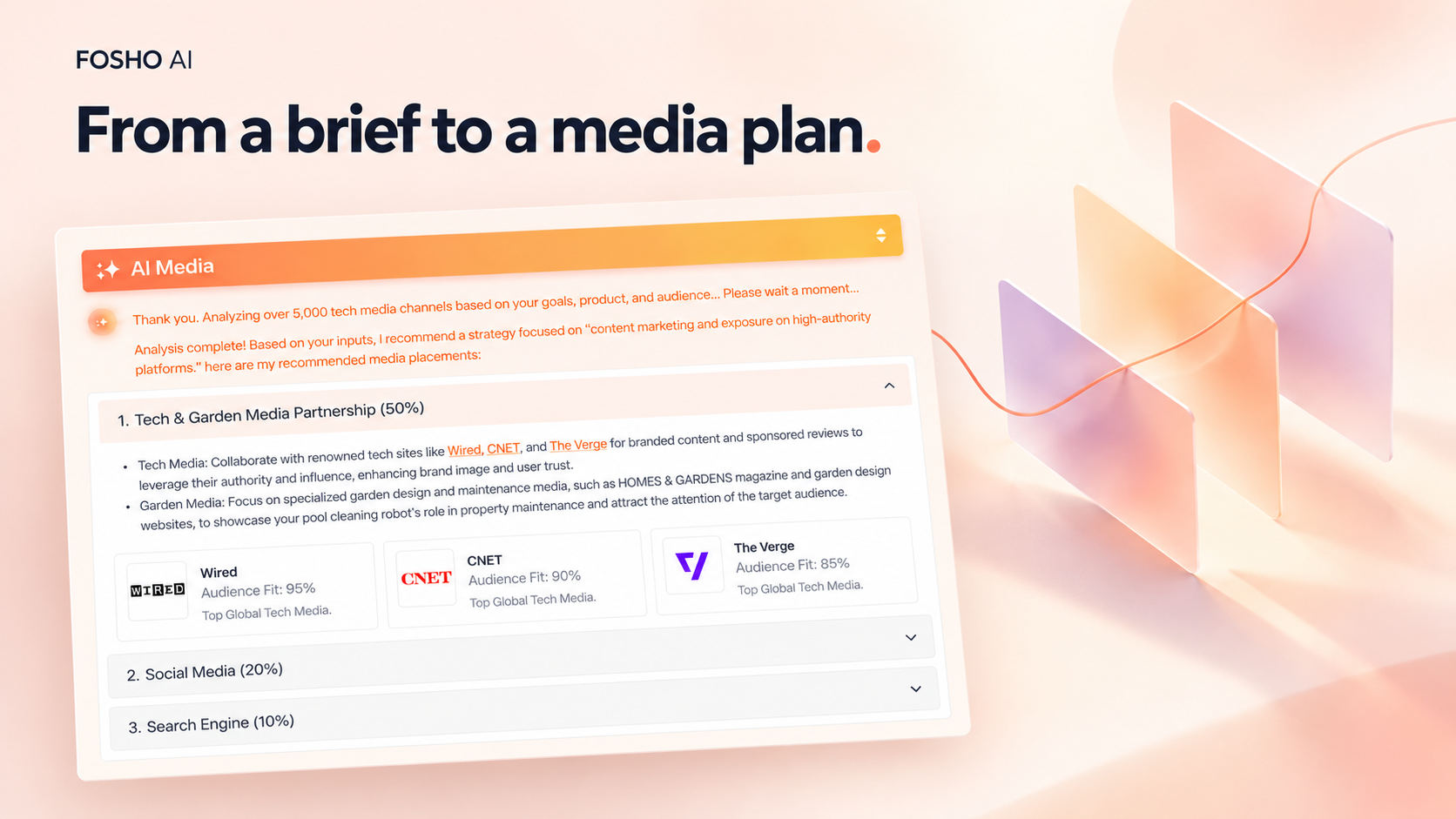 FOSHO AI marketing composition: one media-recommendations interface with an abstract editorial illustration